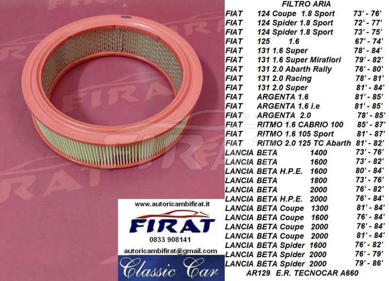 FILTRO ARIA FIAT RITMO ABARTH 124 SPORT 131 RACING (AR129)